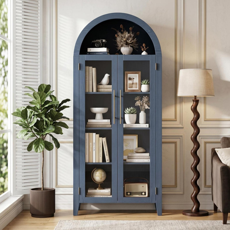 63'' Tall Arched Bookcase with 2 Large Glass Doors, Farmhouse 5 Tier Pantry Storage Cabinet with Adjustable Shelf, for Living Room, Dining, Kitchen, Blue