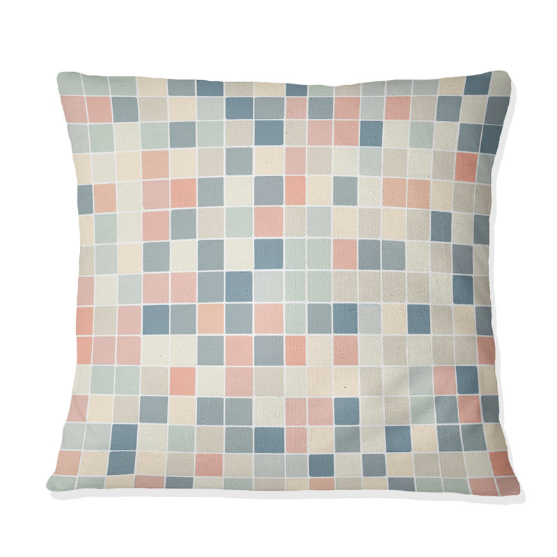 Coussin décoratif abstrait rose et bleu Misty Grid II, Carrée, H 18 po x l 18 po