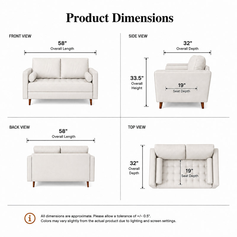 Canapé à accoudoirs carrés en cuir Bridgeview, Cuir végétalien blanc, H 33 po x l 58 po x P 32 po