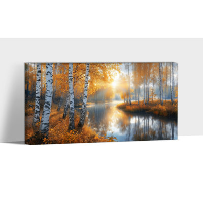 Art mural grand paysage d'automne - Forêt de bouleaux, décoration murale d'automne, art mural sur toile scène d'automne pour le salon, impressions de paysage rétro pour impression sur toile encadrée, 30 po x 60 po