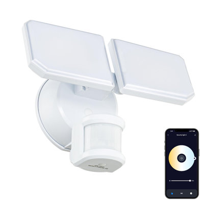 East Grove Home Guardian Smart Flood and Security Wall Light with 2 Lights 2,250 Lumens 20 Watts and Programmable Motion and Photo Sensor in Black, Works with Android or iOS
