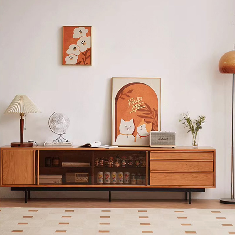 Meuble télé en bois de cerisier massif, 82.67"