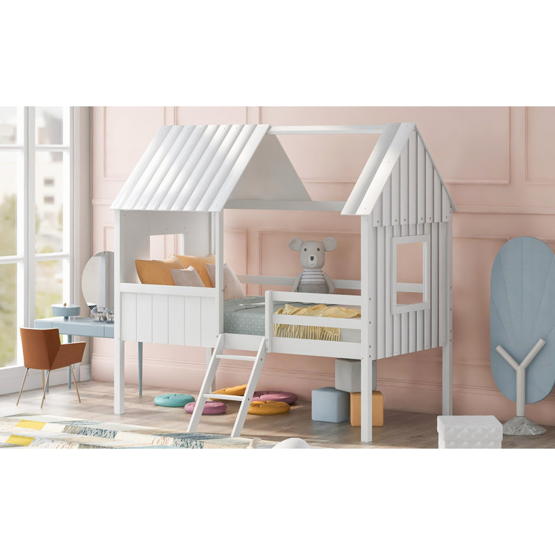 Lit simple de style maison blanche - avec garde-corps pour ajouter un espace fascinant aux fenêtres latérales en bois à mezzanine basse (blanc