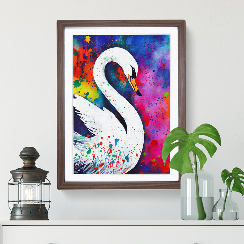 Swan Paint Splash - Framed Print, 46cm H x 34cm W x 2cm D, Walnut