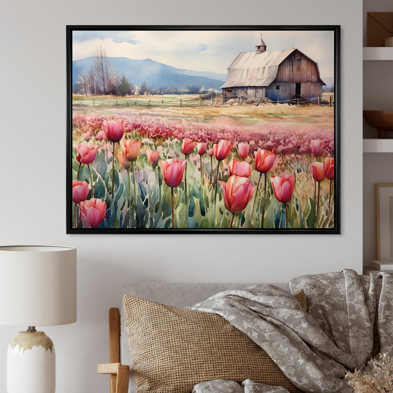 «Countryside Tulip Flowers Field» sur impression sur toile, Cadre flottant noir, 12" H x 20" W