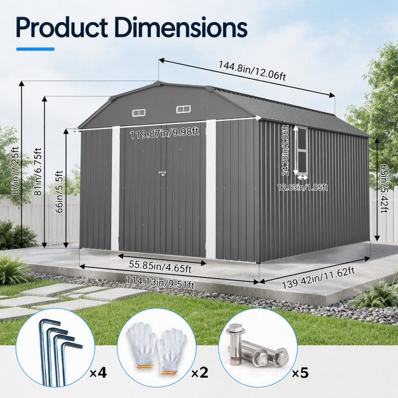 Remise de rangement extérieure grise 10 po x 12 pi, ensemble d'outils robuste en acier résistant à la rouille avec cadre de plancher