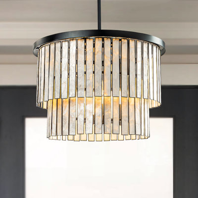 Johncarl 5 Light Modern Coastal Natural Capiz Shell Chandelier in Black Lighting