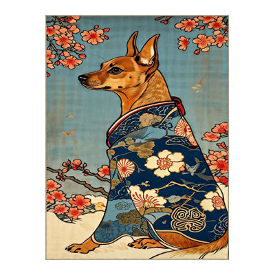 Dog in Kimono Patterned Woven Base Modern Decorative Washable Rug