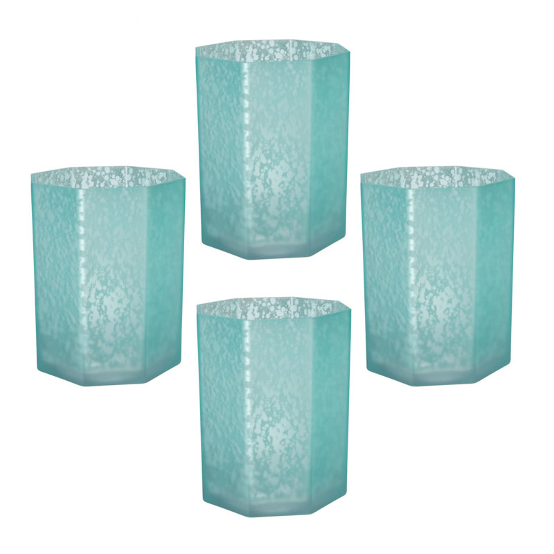 Porte-bougie octogonal en verre au mercure givré turquoise, Turquoise