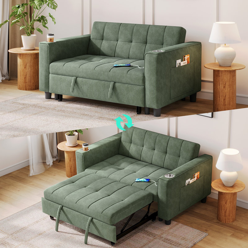 Clayton 53.8'' Upholstered Convertible Sleeper Sofa with USB Charging & Cup Holder, Elio Green Corduroy