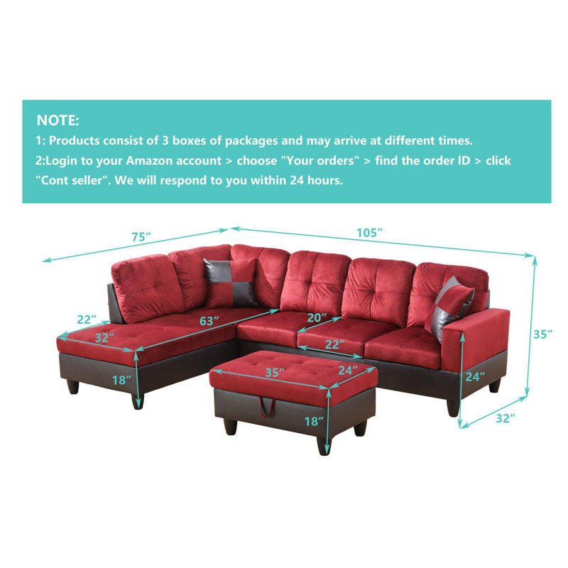 Canapé modulaire 3 pièces en flanelle rouge et en PVC 3 pièces, Orienté à gauche (vu de face)