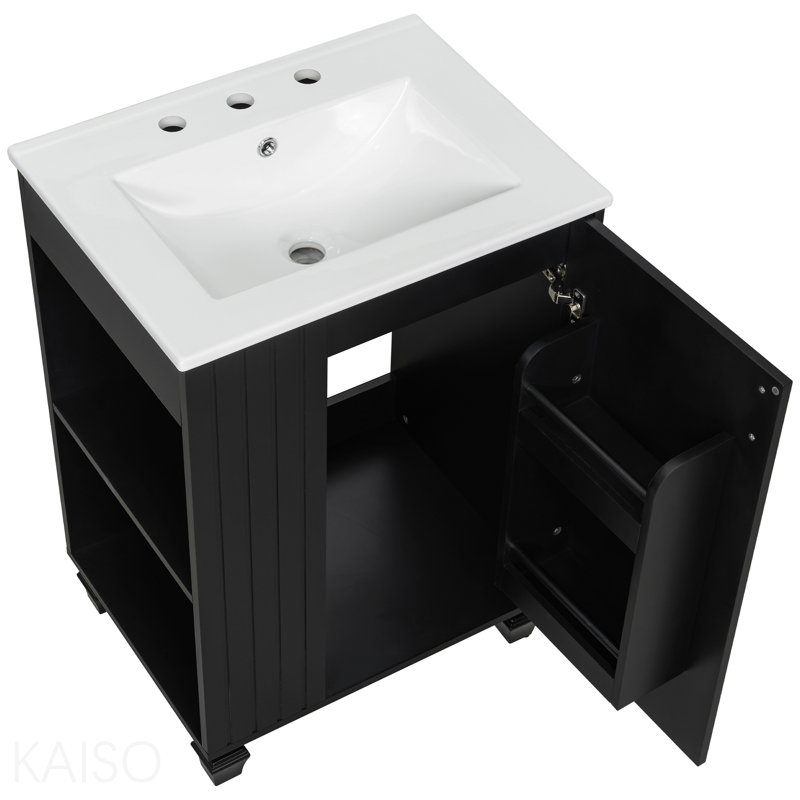 Meuble-lavabo 24 po avec lavabo, armoire de salle de bain avec tablette de porte, rangement latéral ouvert, structure en bois massif, porte à fermeture douce, noir