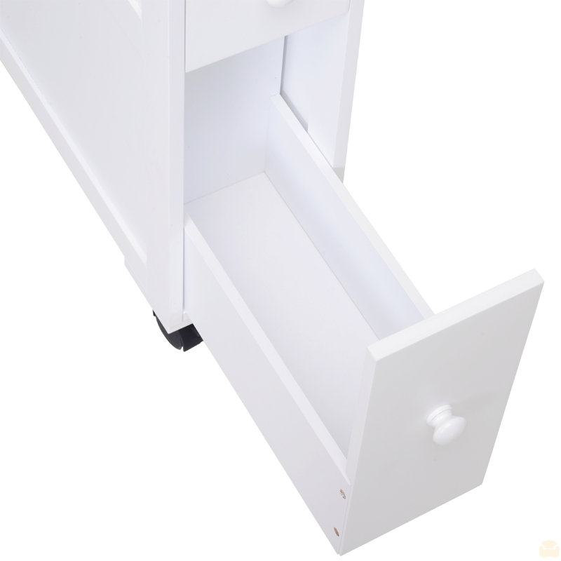 Wood Rolling Narrow Bathroom Side Storage Cabinet, White