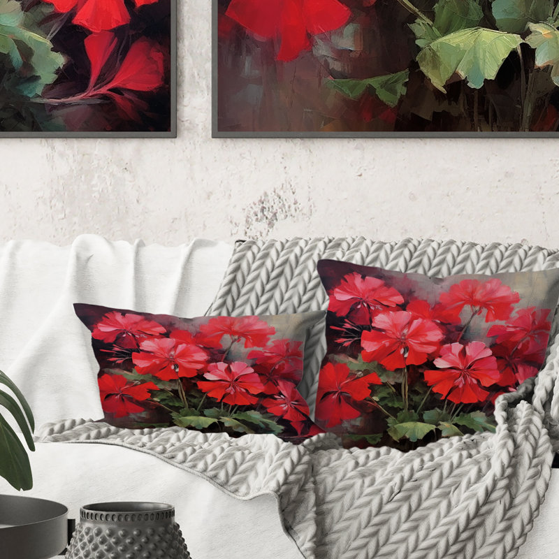 Coussin décoratif imprimé floral rouge vert et géraniums II