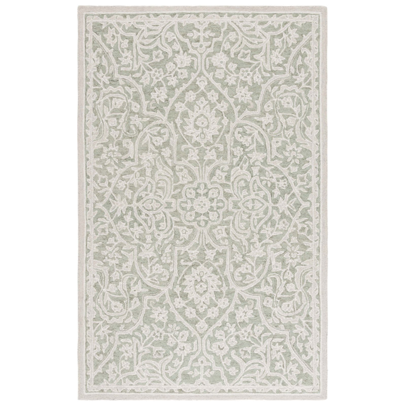 Laine touffetée à la main Juniper Tapis oriental en coton sauge / ivoire, Rectangle 5 pi x 8 pi