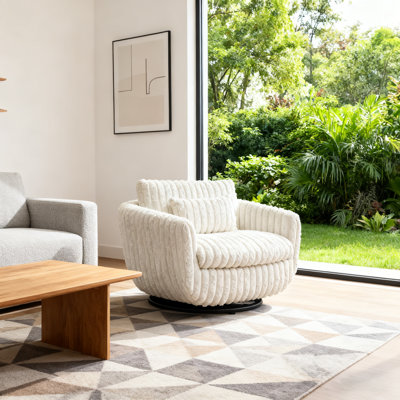 Luxueux fauteuil inclinable de couleur beige de 43,3 po avec rembourrage en duvet d'oie, fonction pivotante à 360 degrés et base en métal noir