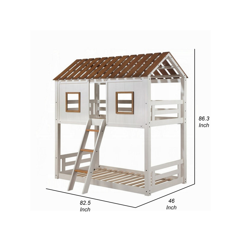 Lit superposé simple Nara, conception de maison avec échelle, bois rustique blanc