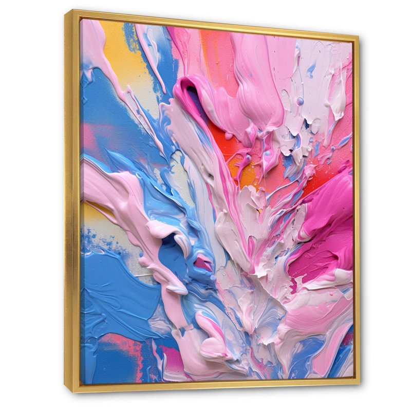 Rose, bleu, jaune, liquide, art V, Cadre flottant doré, H 44 po x l 34 po x P 1,5 po