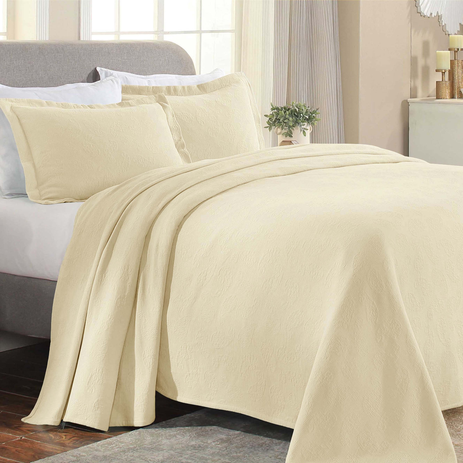 Cotton Bedspread Set, King Coverlet + 2 Standard Shams, Ivory