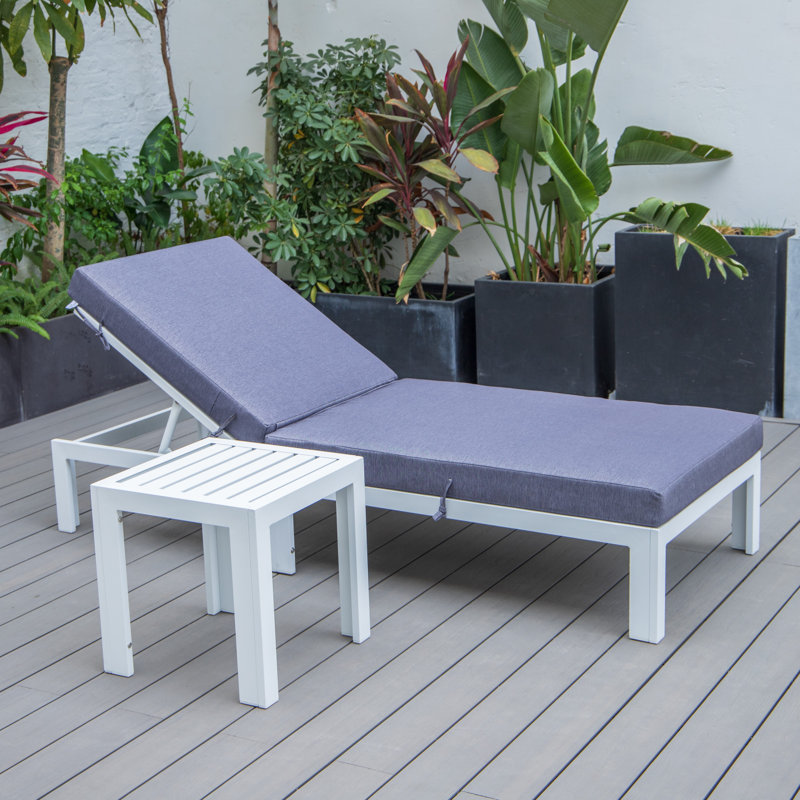 Chelsea Outdoor Metal Chaise Lounge with Table , Cushion Included, Blue, White