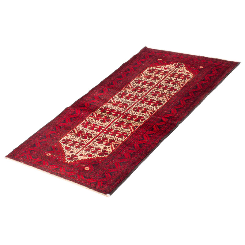 Tapis rouge / bleu / blanc en laine noué à la main de conception unique de 2 pi 11 po x 5 pi 8 po années 2000 Fleischmann