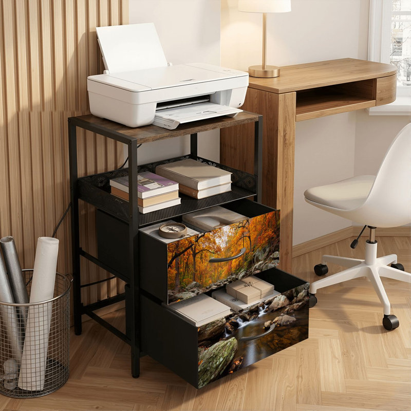 Table de chevet 2 tiroirs avec station de charge, table de chevet de chambre à coucher avec ports USB, tablette ouverte noire, table de chevet avec impression de parc national brouillard