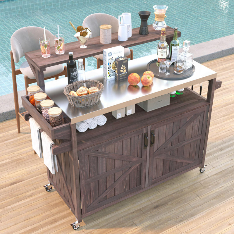 Îlot de cuisine avec tablette surélevée et tablette réglable, Brun