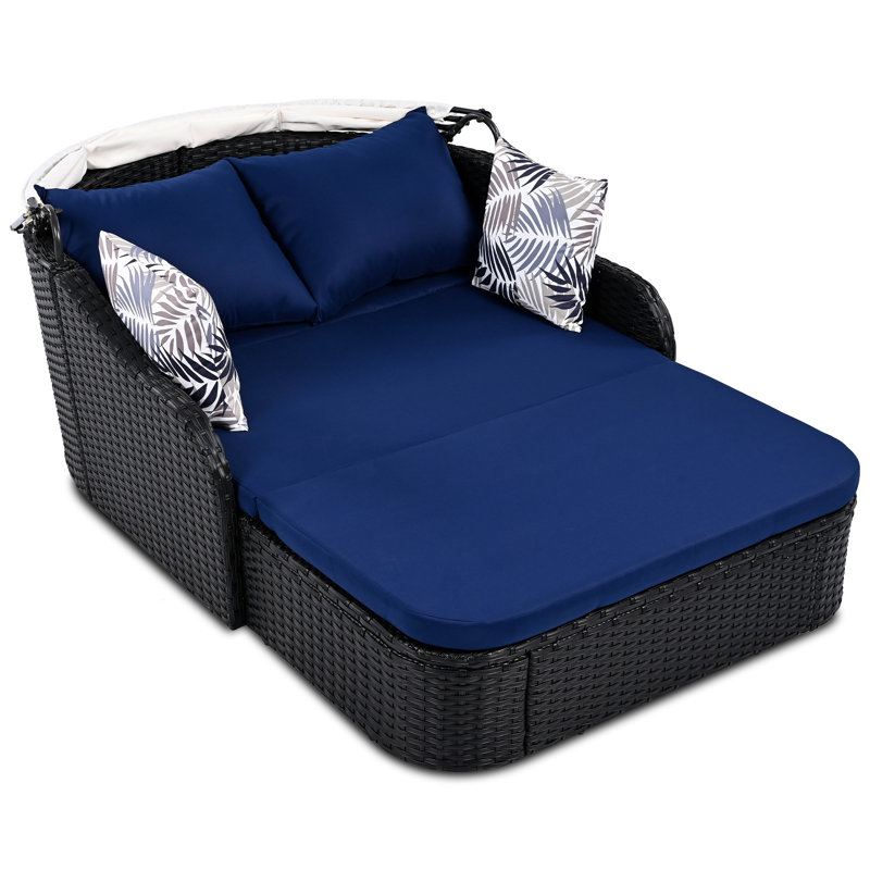 79.9" Outdoor Sunbed With Adjustable Canopy, Daybed With Pillows, Blue, Black