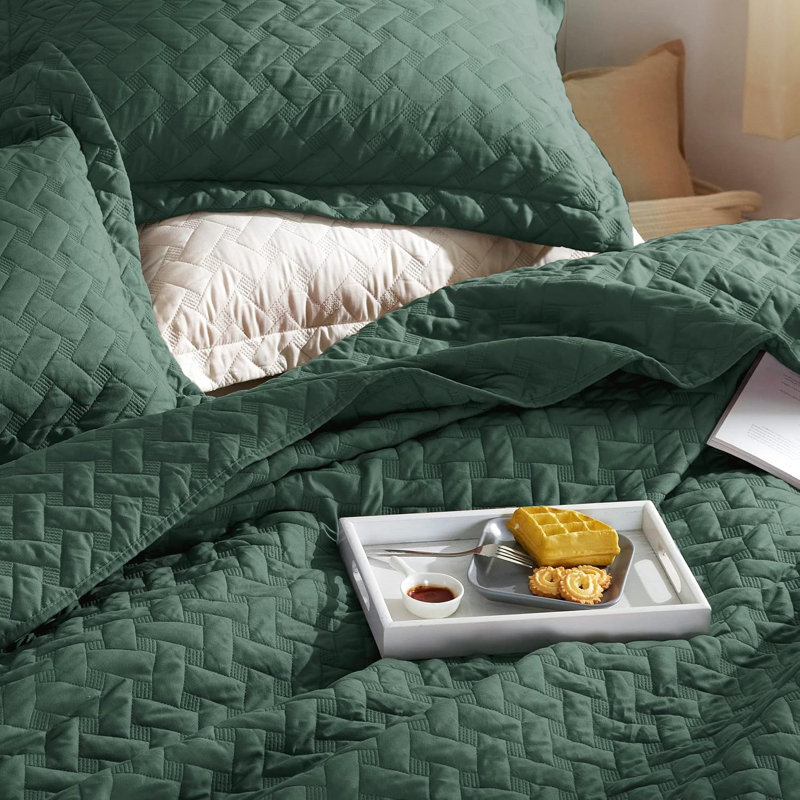 Quilts Lightweight Bedspreads with Basket Weave Pattern, Soft Quilt Bedding Set, Hazel Comforter Set Coverlet, Dark Forest