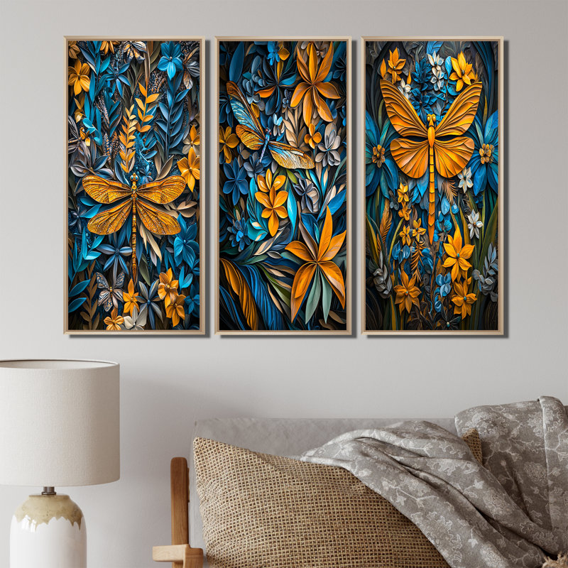 Libellule bleue et jaune Rainforest Radiance I - Collection d'art mural libellule 3 panneaux, 40" H x 60" W, Crème, crème