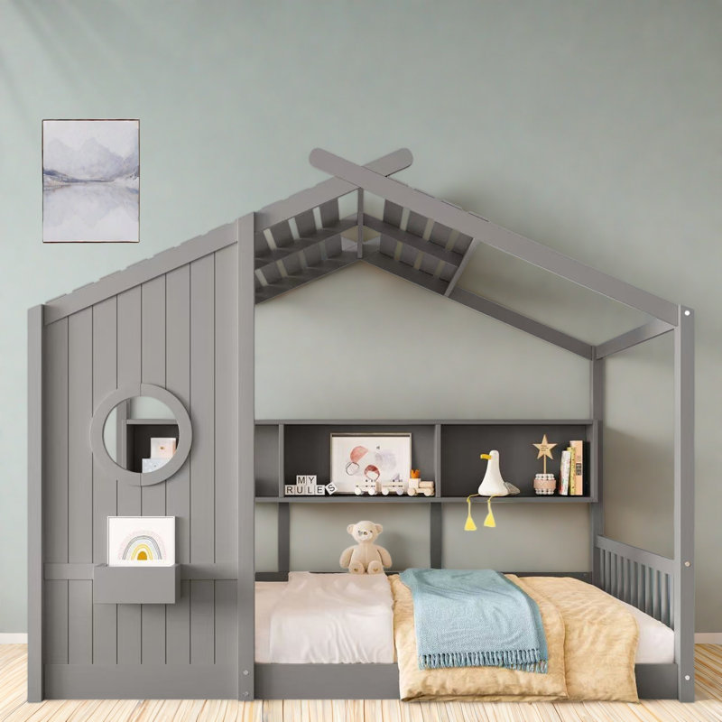 Lit sur pied avec tablettes de rangement, Gris, Lit double