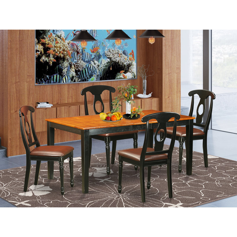 5 Piece Dining Room Furniture Set Includes a Rectangle Kitchen Table with Butterfly Leaf and 4 Faux Leather Chairs, Black & Cherry