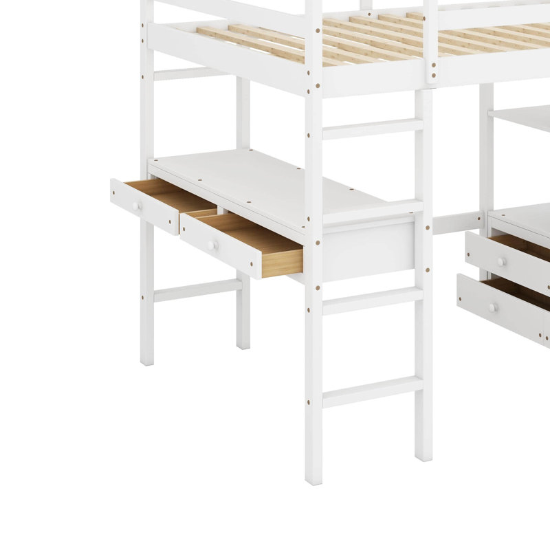 Lit mezzanine double avec bureau intégré, tablettes et tiroirs de rangement