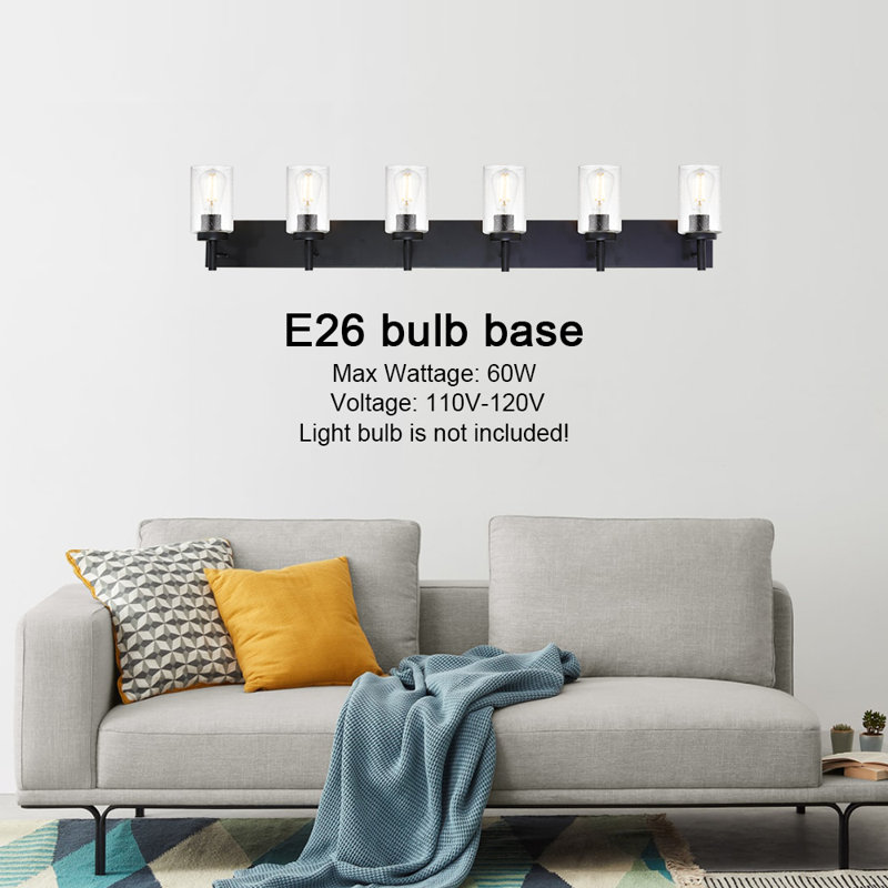 6-Light Dimmable Black Vanity Light With Seeded Glass Shade.