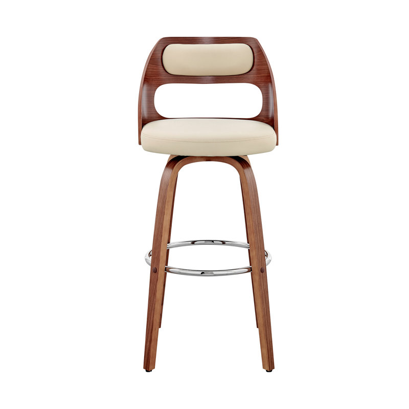 Leovanis Swivel Faux Leather Counter & Bar Stool with Wooden Legs and Metal Footrest, Walnut, Cream