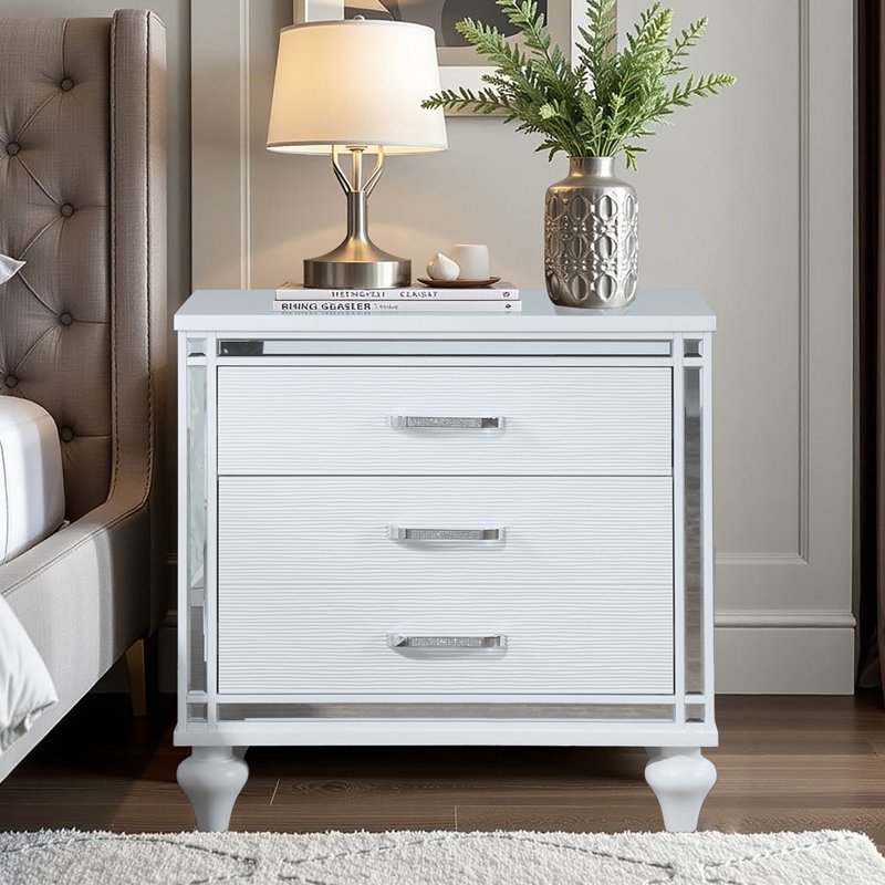 Nightstands With Mirror Frame Accents, Bedside Table With Two Drawers And One Hidden Drawer, End Table With Crystal Pull