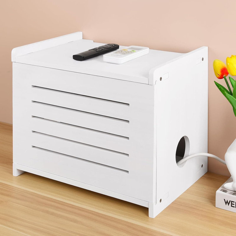 Tablette de routage et de projection en bois massif avec système de gestion des câbles | Grand organisateur de rangement pour modem, multiprise et électronique | Conception facile à assembler avec plusieurs trous de routage de fil