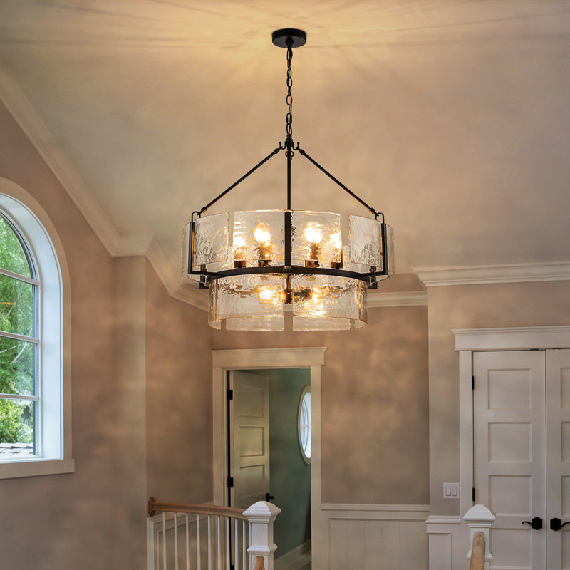 9-Light Dimmable 2-Tier Drum Water Glass Chandelier