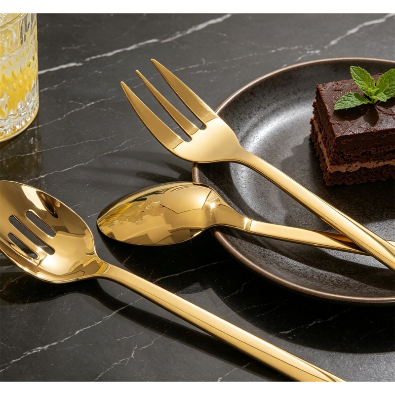 Grand ensemble d'ustensiles de service robustes en acier inoxydable 18/10 avec pinces, serveur à gâteau, doré
