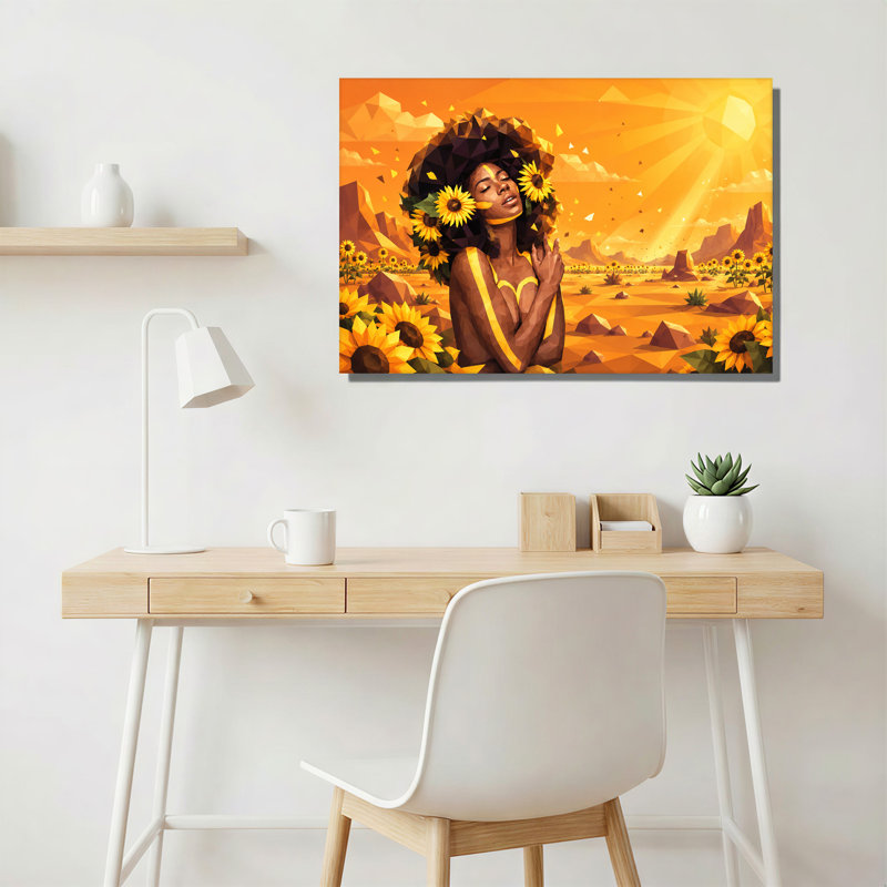 «Woman with Sunflowers In Low Poly Orange Desert», art mural sur toile, H 24 po x l 36 po