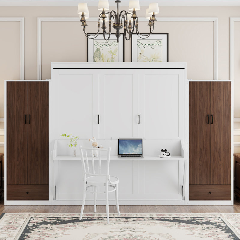 Grand lit escamotable avec placard, tiroirs et table, lit escamotable multifonctionnel, blanc