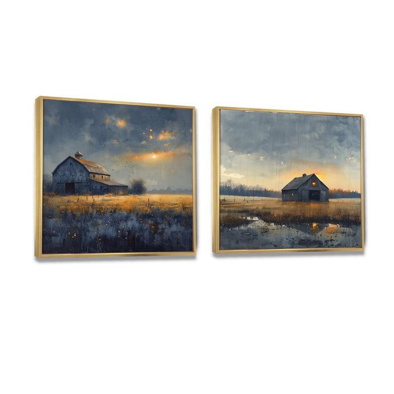 «Yellow Autumn Barn Golden Hour III» - art mural de grange - ensemble d'art mural traditionnel 2 pièces, H 30 po x l 61 po