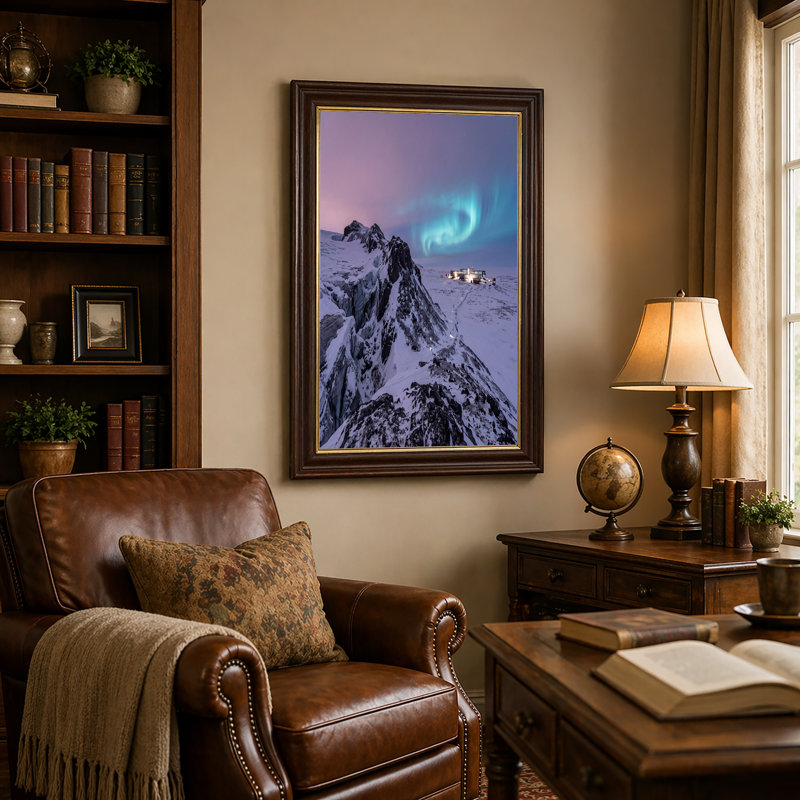 «Aurora Borealis Over Snowy Glaciers And Lit Arctic Station», art mural, H 12 po x l 18 po
