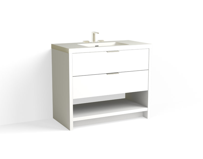 Vue 42" W Freestanding Single Bathroom Vanity, Satin Brass, White Nanomatte, Matte White/8" Widespread