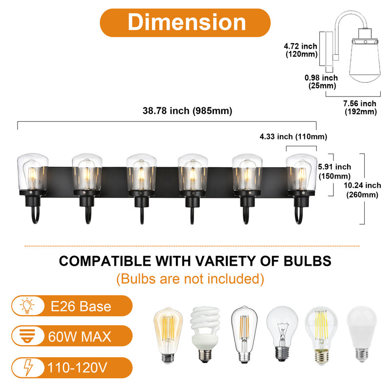 Luminaire de salle de bain moderne à 5 lumières au-dessus d'un miroir avec abat-jour en verre transparent et base en métal.
