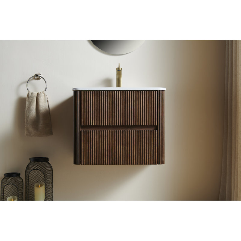 Noor 24" Bathroom Vanity With Sink, Wall-mounted Floating Plywood Bathroom Storage Cabinet With 2 Drawers, White Ceramic Basin, No Faucet, Pre-assembled, Retro Walnut Woodgrain Color