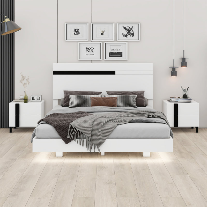 Modern High Gloss 3-Piece Bedroom Set Floating Bed Frame Platform Bed With LED Light & 2 Nightstands