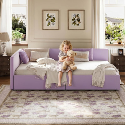 Lit double en velours avec tête de lit triple, barrières de sécurité et capacité de charge de 363 kg, canapé-lit rembourré pour enfants et invités