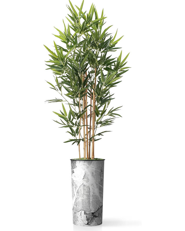 Artificial Tree in Contemporary Geometric Pattern Planter Fake Bamboo Silk Tree Plant Pot Plus Tree, Marble Dark Gray