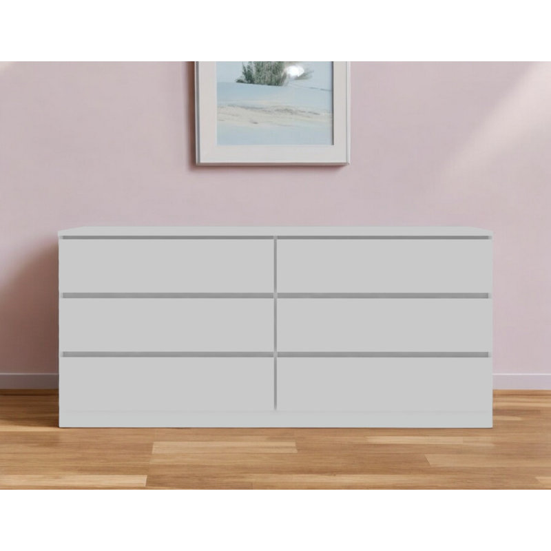 61" White Wood Six Drawer Double Dresser